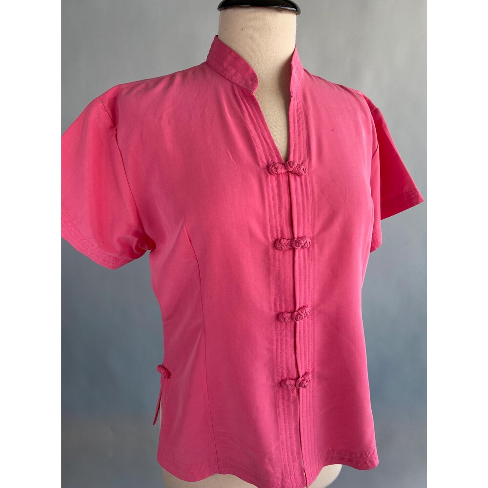 Womens Vintage Pink Silk Tea Timer Tiki Blouse Large 44 Bust Made In Cambodia